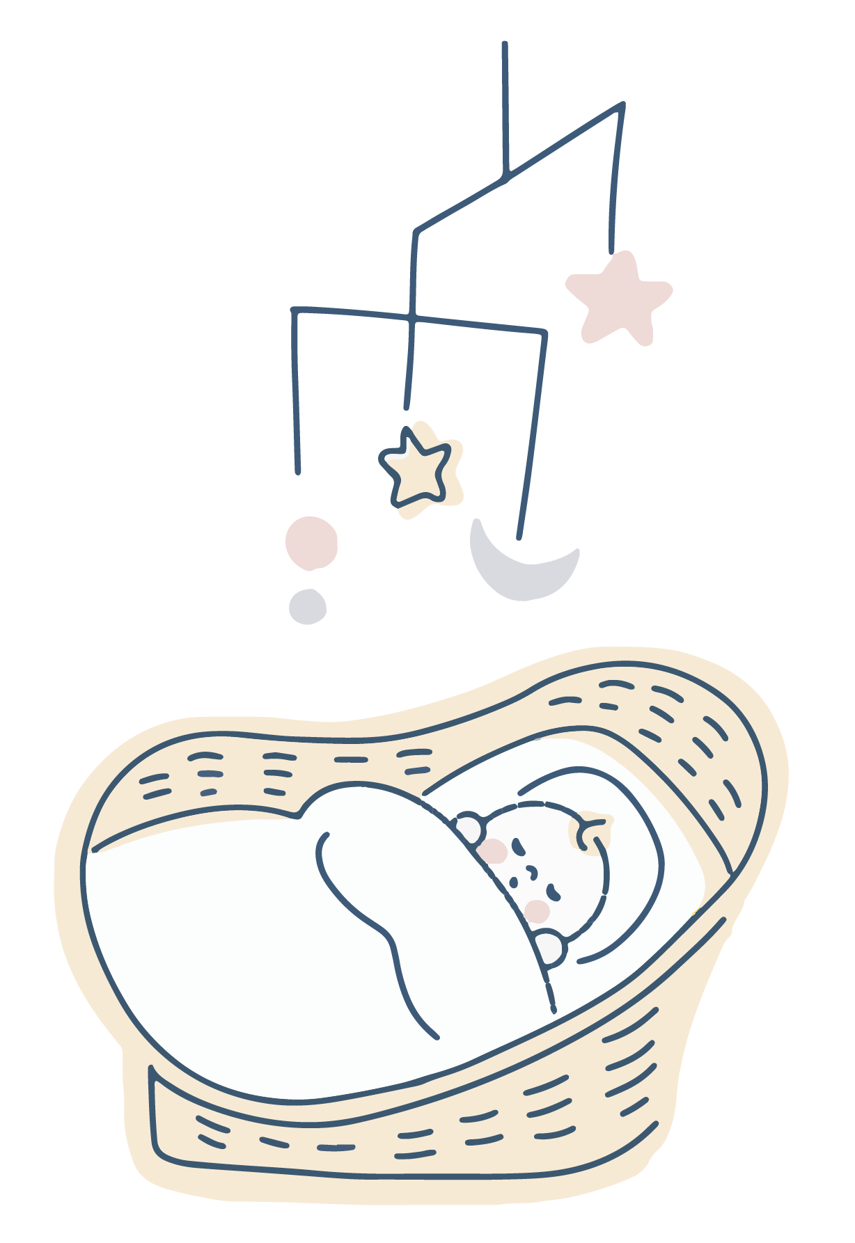 Illustration eines Babys in der Wiege, darüber ein Mobile